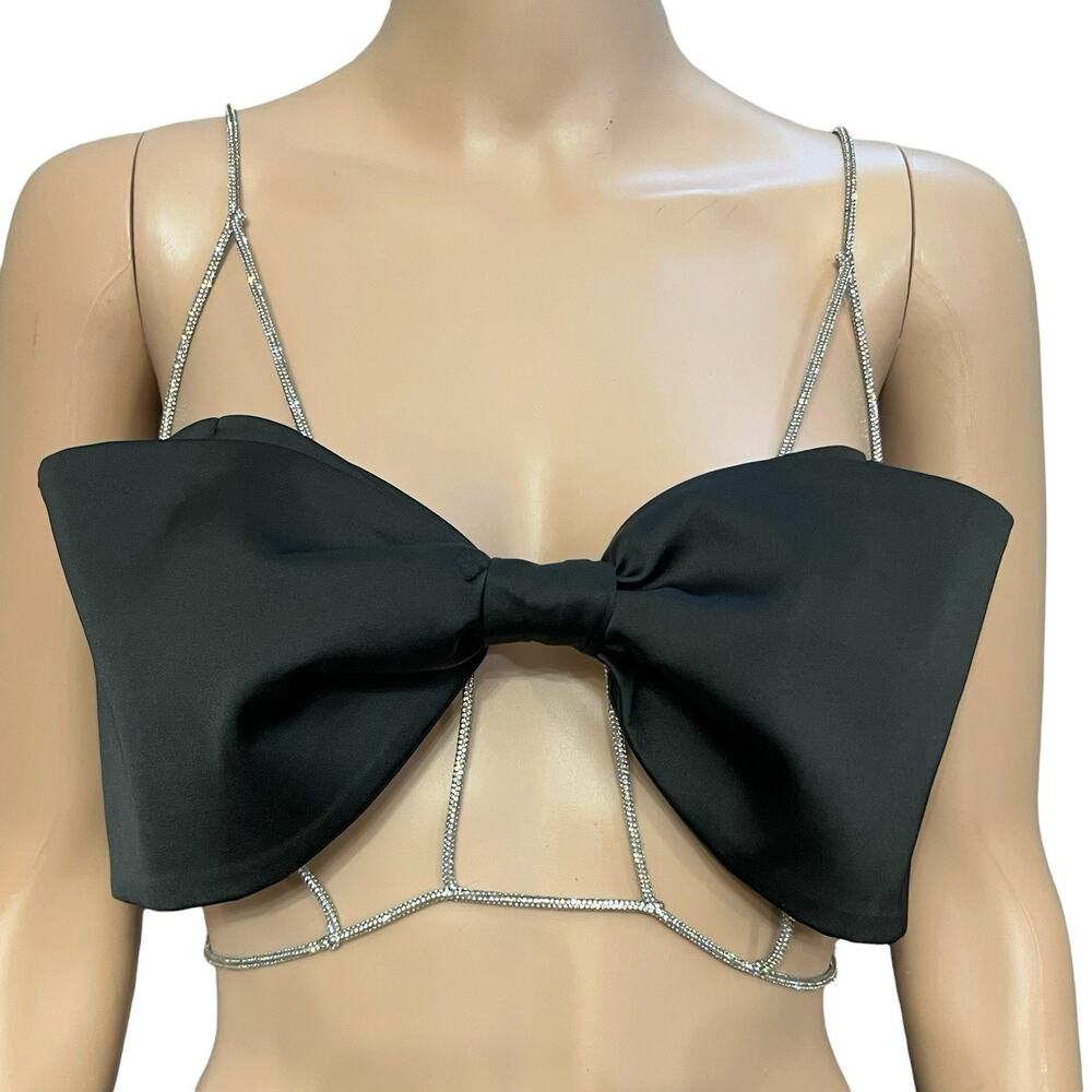 For Love And Lemons Martina Bow Bustier Top Medium Rhinestone Straps Satin Black